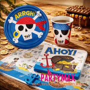 Decoraciones de vajilla para fiesta pirata, platos, vasos, servilletas, manteles, pancartas, suministros para fiesta de cumpleaños de marinero para niños.