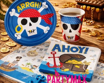 Decorazioni per la tavola dei pirati, piatti, bicchieri, tovaglioli, tovaglie, striscioni, articoli per feste di compleanno per ragazzi e marinai.