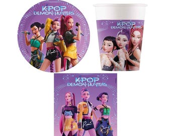 Decoración para fiestas temáticas de cazadores de demonios K-POP: platos, vasos y servilletas.