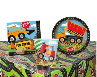 Construction Truck Birthday Party Tableware: Plates, Cups, Napkins, Tablecloth, Banner