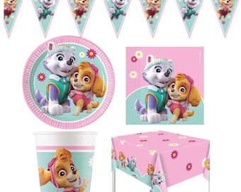 Artículos para la fiesta de cumpleaños de Skye y Everest de Paw Patrol: Vajilla rosa y decoración
