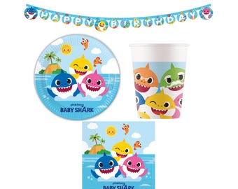 Articoli per la festa di Baby Shark: set di stoviglie - piatti, bicchieri, tovaglioli