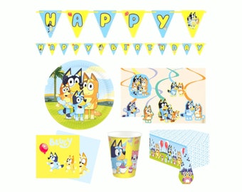 Bluey Birthday Party Supplies Tableware and Decorations| Bluey plates, cups, banner, swirls napkins, tablecover for Bluey and Bingo  party
