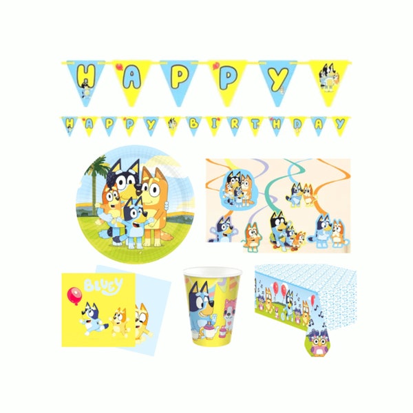 Bluey Birthday Party Supplies Tableware and Decorations| Bluey plates, cups, banner, swirls napkins, tablecover for Bluey and Bingo  party