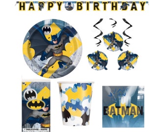 Juego de vajilla para decoración de fiestas de Batman, suministros para fiestas de cumpleaños, vasos, platos, manteles, servilletas, pancartas y máscaras con espirales.