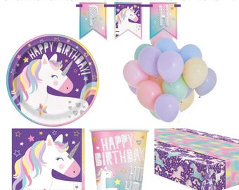 Paquete de fiesta de unicornio: platos, vasos, servilletas, mantel y globos