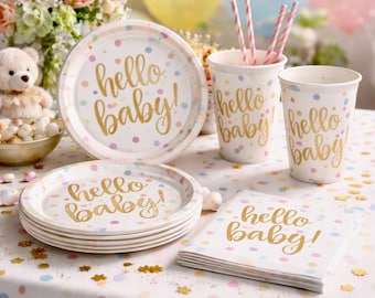 Gold and White Baby Shower, Gender Reveal Party, New Arrival, Gold Baby Shower, New Baby Party Gold Baby Plates, Cups, Napkins, Tablecover