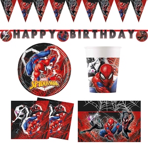 May include: A collection of Spider-Man themed party supplies, including a banner that reads "HAPPY BIRTHDAY", plates, cups, napkins, and pennant flags. The items feature red, black, and blue colors with Spider-Man graphics.