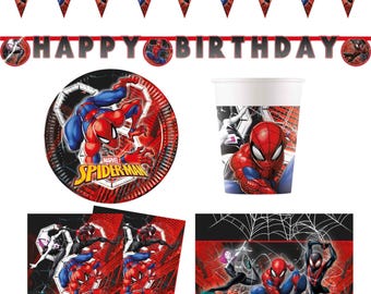 Paquetes de suministros para fiestas de Spiderman: vajilla para fiestas de cumpleaños de superhéroes, platos, servilletas, vasos, decoraciones, pancartas y globos.