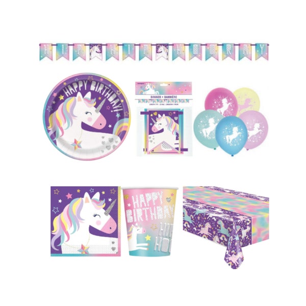 Unicorn Party Pack- Unicorn Plates, Unicorn Cups, Napkins, Table cover, Unicorn Balloons- Premium Quality Unicorn Theme Birthday Party