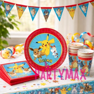 May include: A collection of Pokémon-themed party supplies, including plates, cups, napkins, and a banner. The plate features Pikachu, Eevee, and Scorbunny. The cups and napkins have matching designs. The banner has various Pokémon characters. The word "PARTYMAX" is visible.