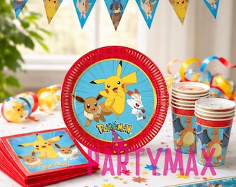 Decoración para fiestas de Pokémon: vajilla, platos, vasos, servilletas, manteles, pancartas, paquetes de cumpleaños, artículos para fiestas infantiles.