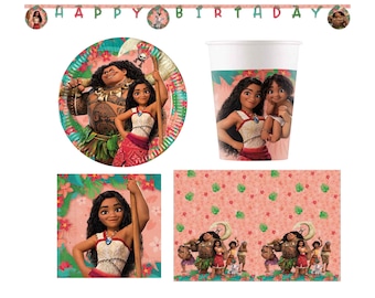Juego de vajilla para fiesta de cumpleaños de Moana: platos, vasos, servilletas, mantel y pancarta.