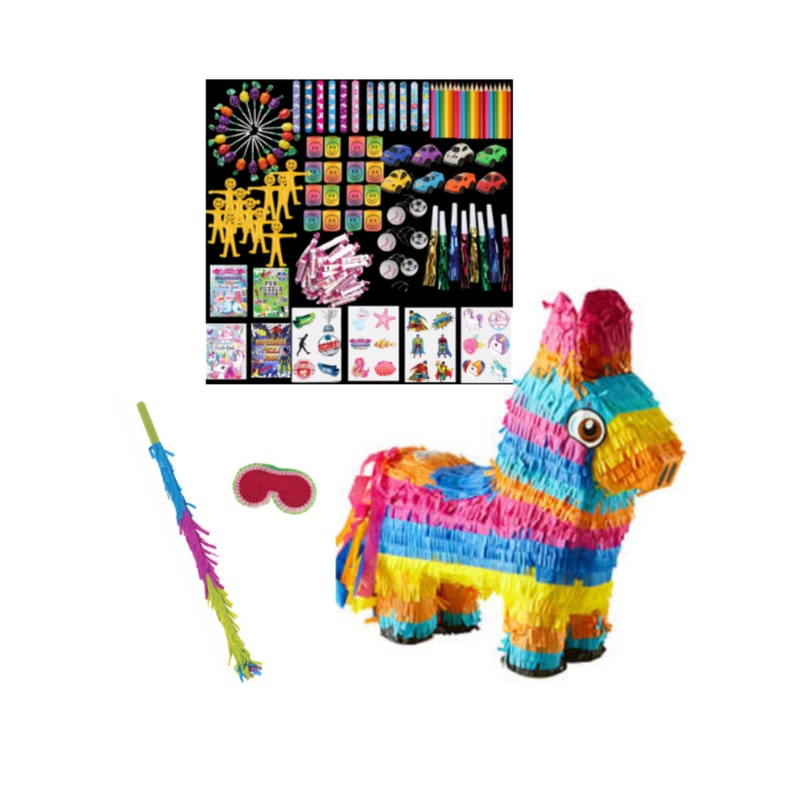 Donkey Piñata Party Set with Stick and Blindfold Birthday Kids Piñata Rainbow Colourful Birthday Party Pinata Set Pinata set + Favours