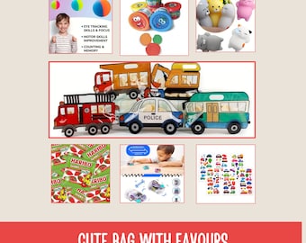 Kids party favours, cute PREMIUM birthday boy treat bags, pre filled party bags, playdough, squishy toy - ideal gifts for younger  kids.