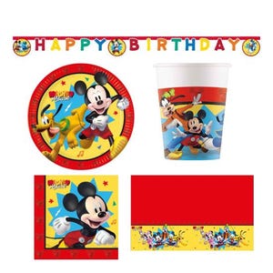 May include: A set of Mickey Mouse party supplies, including a banner saying "HAPPY BIRTHDAY", a plate, a cup, a napkin, and a table cover. The items feature Mickey Mouse, Pluto, and Goofy in bright colours.