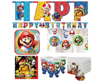 Super Mario Birthday Party Tableware: Plates, Cups, Napkins, Tablecover