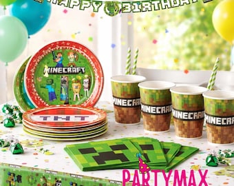 Decoraciones para fiesta de Minecraft: platos, vasos, servilletas, mantel, pancarta. Ideal para cumpleaños de jugadores de Minecraft. Artículos para fiestas de Minecraft.
