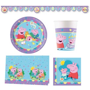 Benodigdheden voor verjaardagsfeestje Peppa Pig: servies en decoratie| Nieuw ontwerp met baby Evie