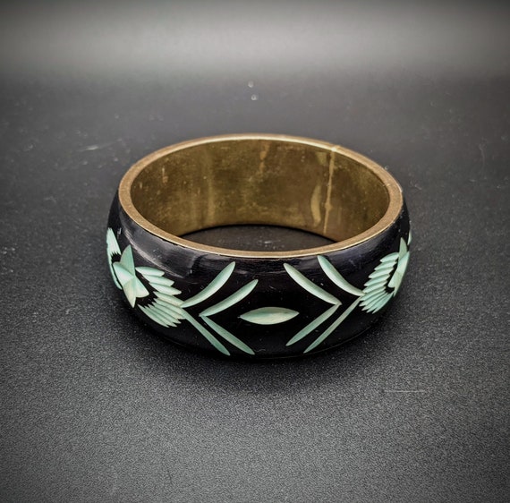 Vintage Brass and Carved Enamel Bangle Bracelet B… - image 2