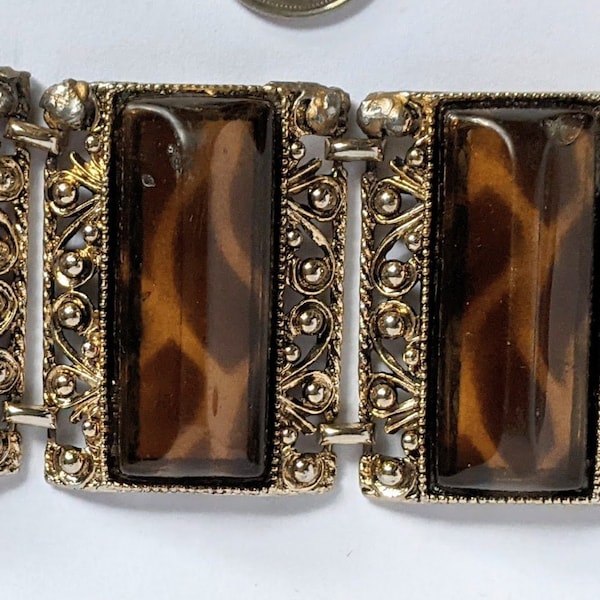 Vintage Selro Selini Leopard Print Gold Tone Book Panel Link Bracelet