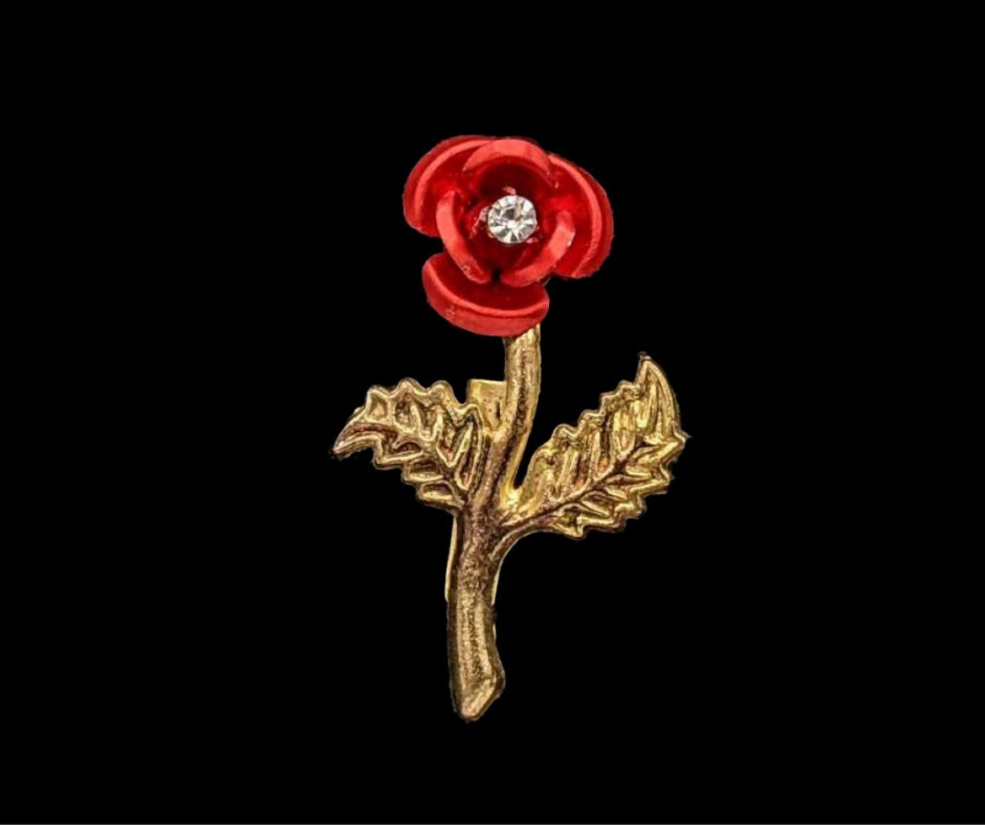 Single Rose Pin Vintage Single Red Rose BROOCH PIN Gold Tone Rhinestone Accent A4 - Etsy