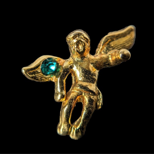 Vintage Ballou Reg'd Angel on my Shoulder LAPEL TACK PIN Gold Tone Blue Stone  A