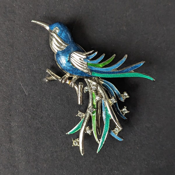 Vintage Boucher Blue Bird of Paradise Brooch Pin Rhinestone Rhodium Plated Book Piece B