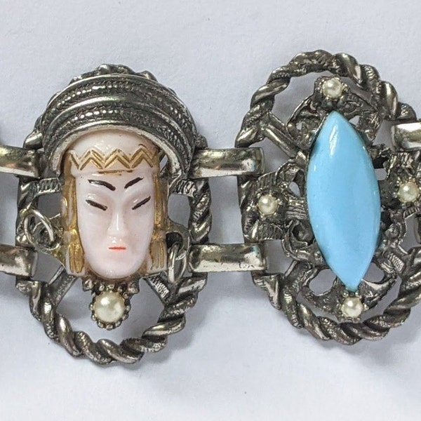 Vintage Selro Selini Thai Asian Princess Book Panel Bracelet Silver Tone with Faux Turquoise