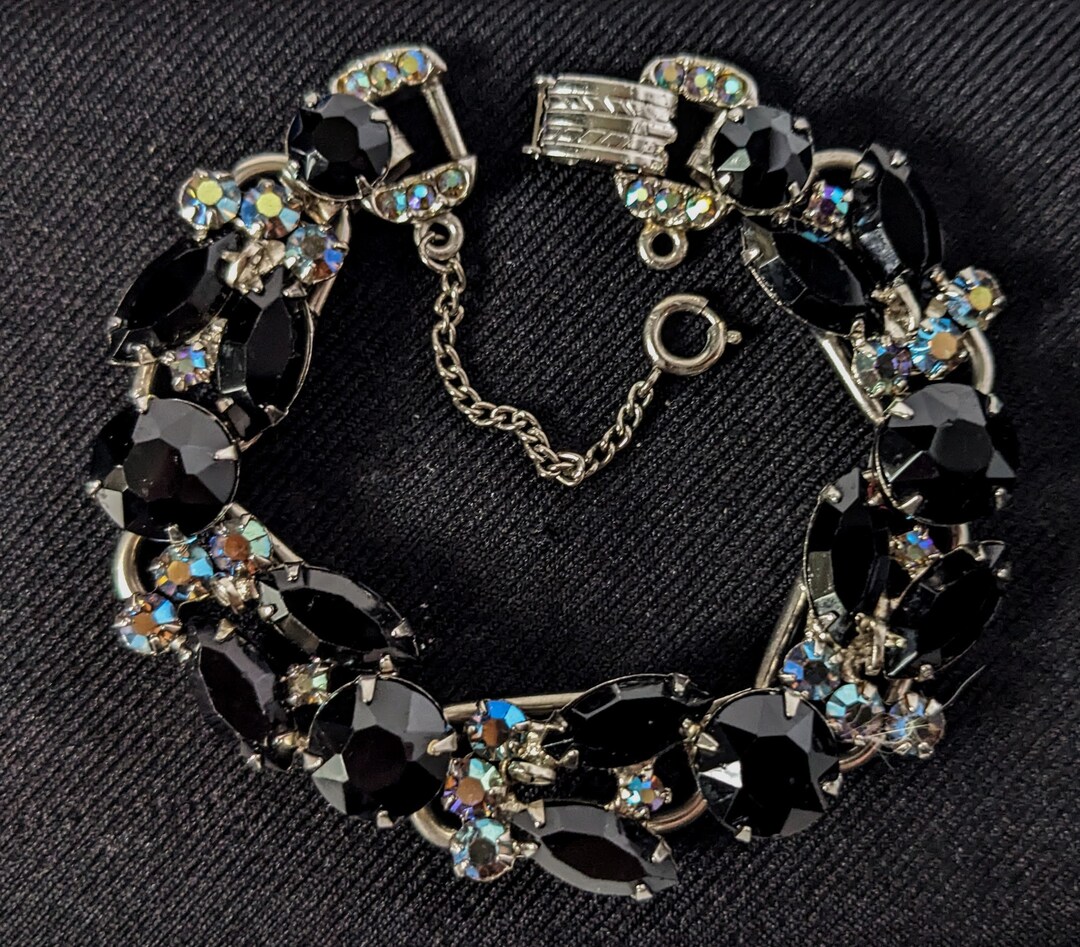 Vintage Juliana 5 Link Black & AB Rhinestone Bracelet Silver Tone 1960s ...