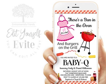 BabyQ Baby Shower Invitation, Girl BBQ, Bun in the Oven (Digital)