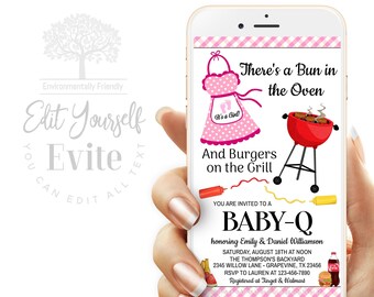 Girl Baby-Q Invitation, Pink Gingham, Bun in Oven (Digital)