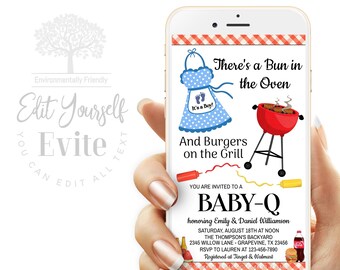 Boy BabyQ Invitation, Burgers on Grill, Red Gingham (Digital)
