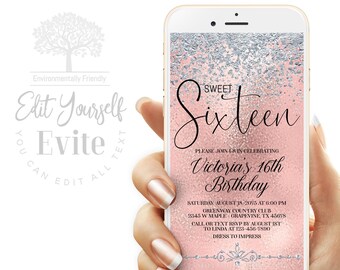 Rose Silver Glitter Sweet Sixteen Evite: Electronic Invitation (Text)