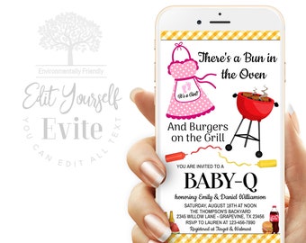 Girl BabyQ Invitation, Bun in the Oven, BBQ Theme (Digital Invitation)