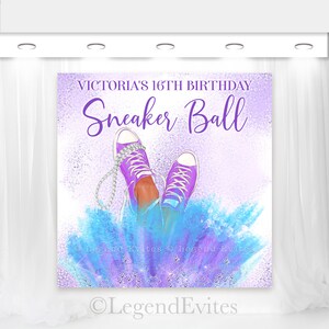 Toile de fond anniversaire baskets bleu sarcelle lavande (fichier d&#39;impression numérique)