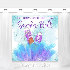 Toile de fond anniversaire baskets bleu sarcelle violet (fichier d&#39;impression numérique)