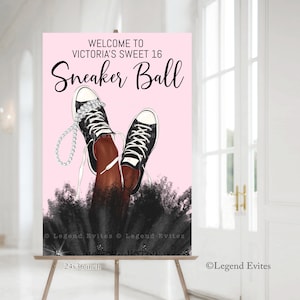 May include: A pink and black welcome sign for a Sweet 16 party. The sign says "Welcome to Victoria's Sweet 16 Sneaker Ball". The sign features a pair of black sneakers with white laces and a pearl necklace.