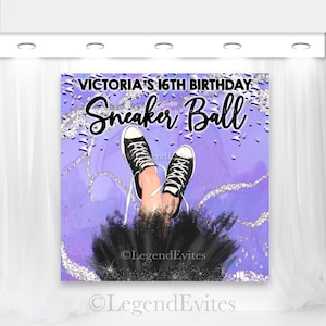 Toile de fond anniversaire baskets : robe scintillante violette (fichier d&#39;impression numérique)