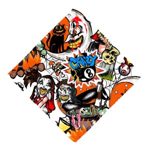 May include: A diamond-shaped graphic with a Halloween theme. It features a grinning moon, a black cat, a skull, and various other spooky illustrations. The word "Crazy" is in a starburst with an eight ball.