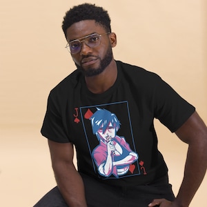 May include: Black t-shirt with a playing card design featuring an anime-style character. The card shows the Jack of Spades and the number 1 of Hearts. The character has blue hair and wears a pink shirt.