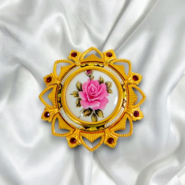 Vintage Damascene Brooch with Rhinestones and Ceramic Pink Rose Cameo | Gold Tone Pin