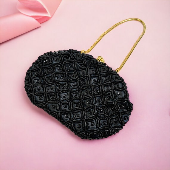 Vintage Beaded Purse | Black Glass and Sequin Bea… - image 1