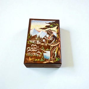 Hand-Carved Wood Box: Vintage Painted Alpine Scene, Folk Art Keepsake