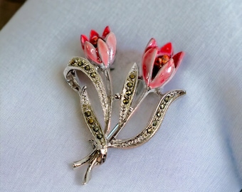 Art Deco Pink Enamel Tulip Flower and Marcasite Stone Brooch | Antique Vintage Silver Tone Floral Pin