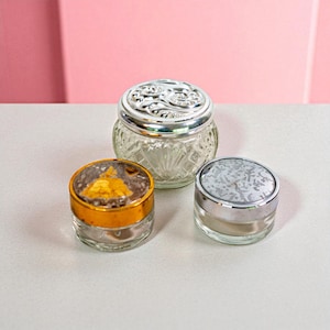 Vintage Cold Cream Vanity Jars Trio — Glass & Metal Lids Collectible Containers