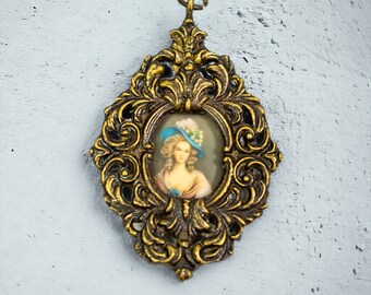 Antique Mini Italian Wall Hanging | Ornate Cast Bronze Frame | Edwardian Victorian Framed Portrait Print