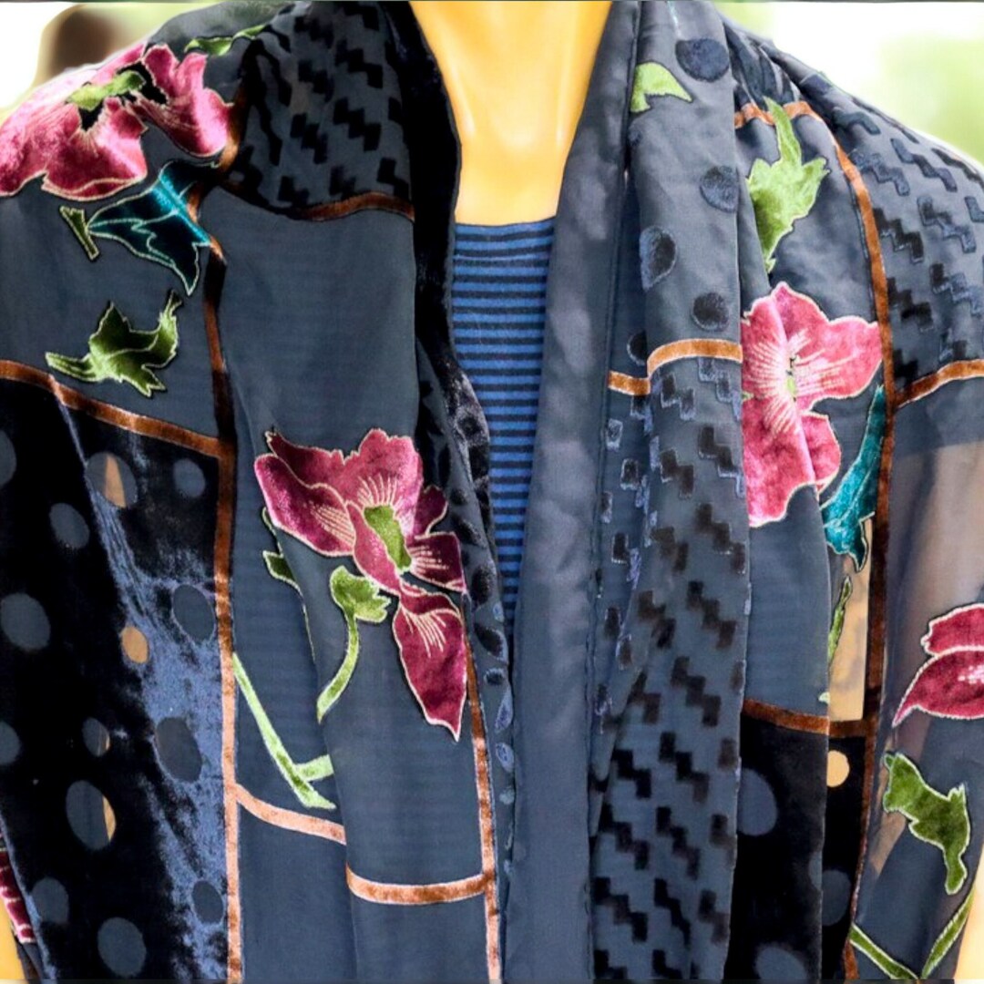 Black Sheer and Velvet Scarf Vintage Floral Evening Wrap Etsy