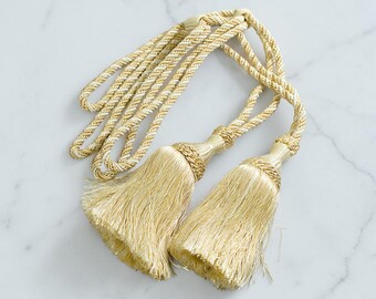 Beige Curtain Tiebacks Pair, Rope Tassel Drapery Holdbacks