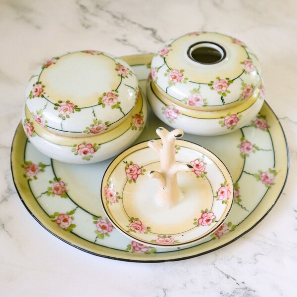 Antique Nippon Porcelain Vanity Set | Hand Painted Bone China | Tray Ring Holder Powder Jar Hair Receiver | Vintage 1910s